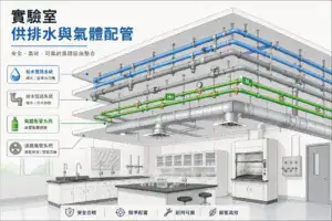 實驗室供排水與氣體配管系統天花板剖面概念圖，呈現給水管、排水管、氣體配管與通風風管的分層配置