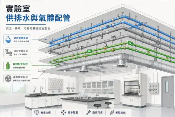 實驗室供排水與氣體配管系統天花板剖面概念圖,呈現給水管、排水管、氣體配管與通風風管的分層配置