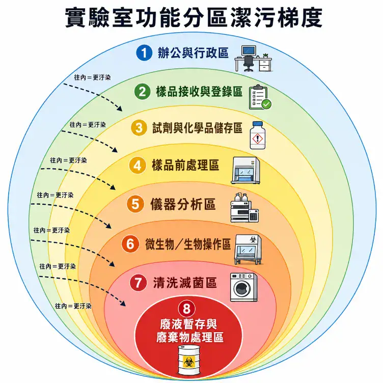 實驗室動線設計與分區規劃指南 實驗室功能分區潔污梯度洋蔥模型:從最外圈的辦公區到中心的廢液暫存區,八大分區依潔污程度排列