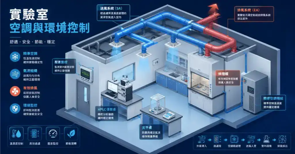 實驗室空調與環境控制指南 實驗室空調與環境控制指南封面:等角透視剖面圖展示空調送風系統、排煙櫃排氣、壓差控制和精密空調配置