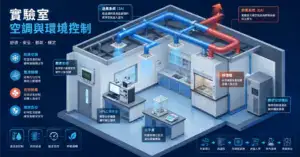 實驗室空調與環境控制指南封面：等角透視剖面圖展示空調送風系統、排煙櫃排氣、壓差控制和精密空調配置