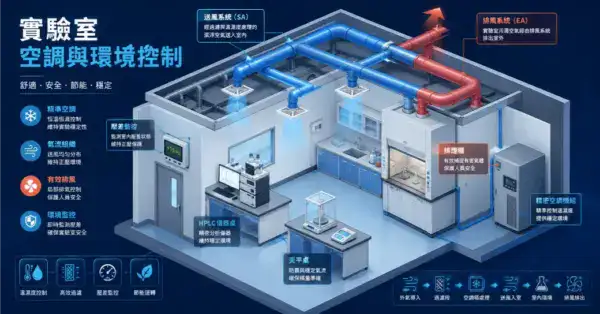 實驗室空調與環境控制指南封面:等角透視剖面圖展示空調送風系統、排煙櫃排氣、壓差控制和精密空調配置