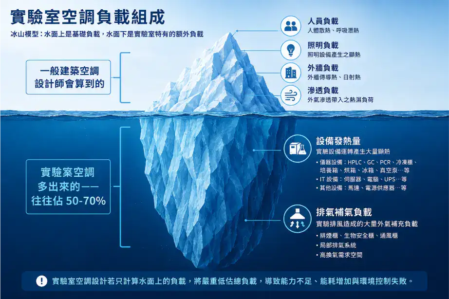 實驗室空調與環境控制指南 實驗室空調負載冰山概念圖:水面上是人員照明等常規負載,水面下是設備發熱量和排氣補氣負載