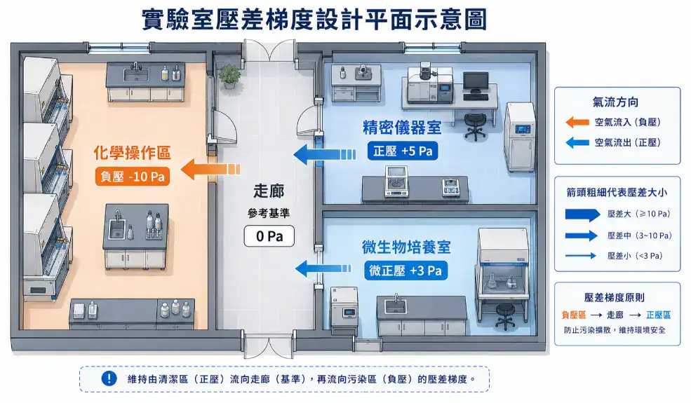 實驗室空調與環境控制指南 實驗室壓差梯度設計示意圖:化學操作區負壓、走廊基準、精密儀器室正壓的氣流方向標示