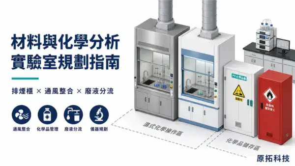 材料與化學分析實驗室規劃指南封面:等角透視圖呈現排煙櫃、PP 藥品櫃與防火安全櫃的空間配置