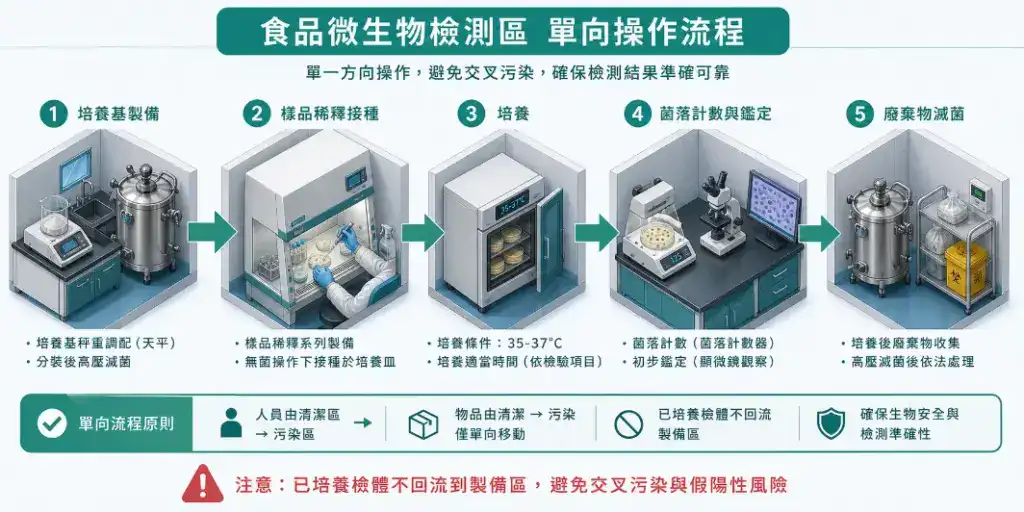 食品與環境檢測實驗室規劃指南 食品微生物檢測區單向操作流程:從培養基製備到廢棄物滅菌的五個階段