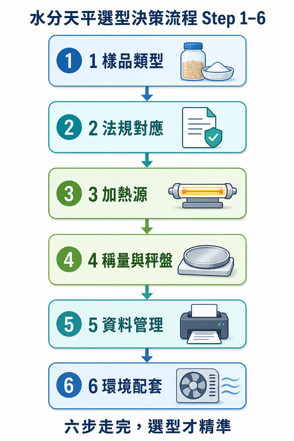 水分天平選型與應用指南|加熱源、烘箱與 Karl Fischer 比較與 USP <731> 對應 水分天平選型決策流程六步驟:Step 1 樣品類型、Step 2 法規對應、Step 3 加熱源、Step 4 稱量與秤盤、Step 5 資料管理、Step 6 環境配套