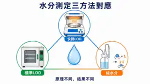 水分測定三方法對應示意：水分天平 LOD 5–15 分鐘、烘箱乾燥法 2–3 小時、Karl Fischer 滴定測純水分子的測量原理與時間對比