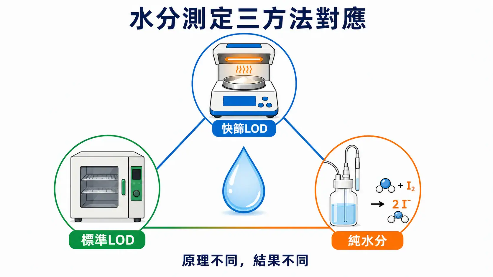 水分天平選型與應用指南|加熱源、烘箱與 Karl Fischer 比較與 USP <731> 對應 水分測定三方法對應示意:水分天平 LOD 5–15 分鐘、烘箱乾燥法 2–3 小時、Karl Fischer 滴定測純水分子的測量原理與時間對比