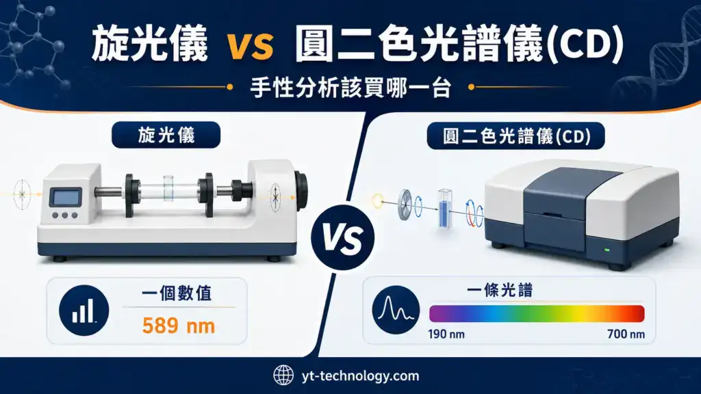 旋光儀 vs 圓二色光譜儀 CD 比較封面圖,顯示一個數值 vs 一條光譜的差異