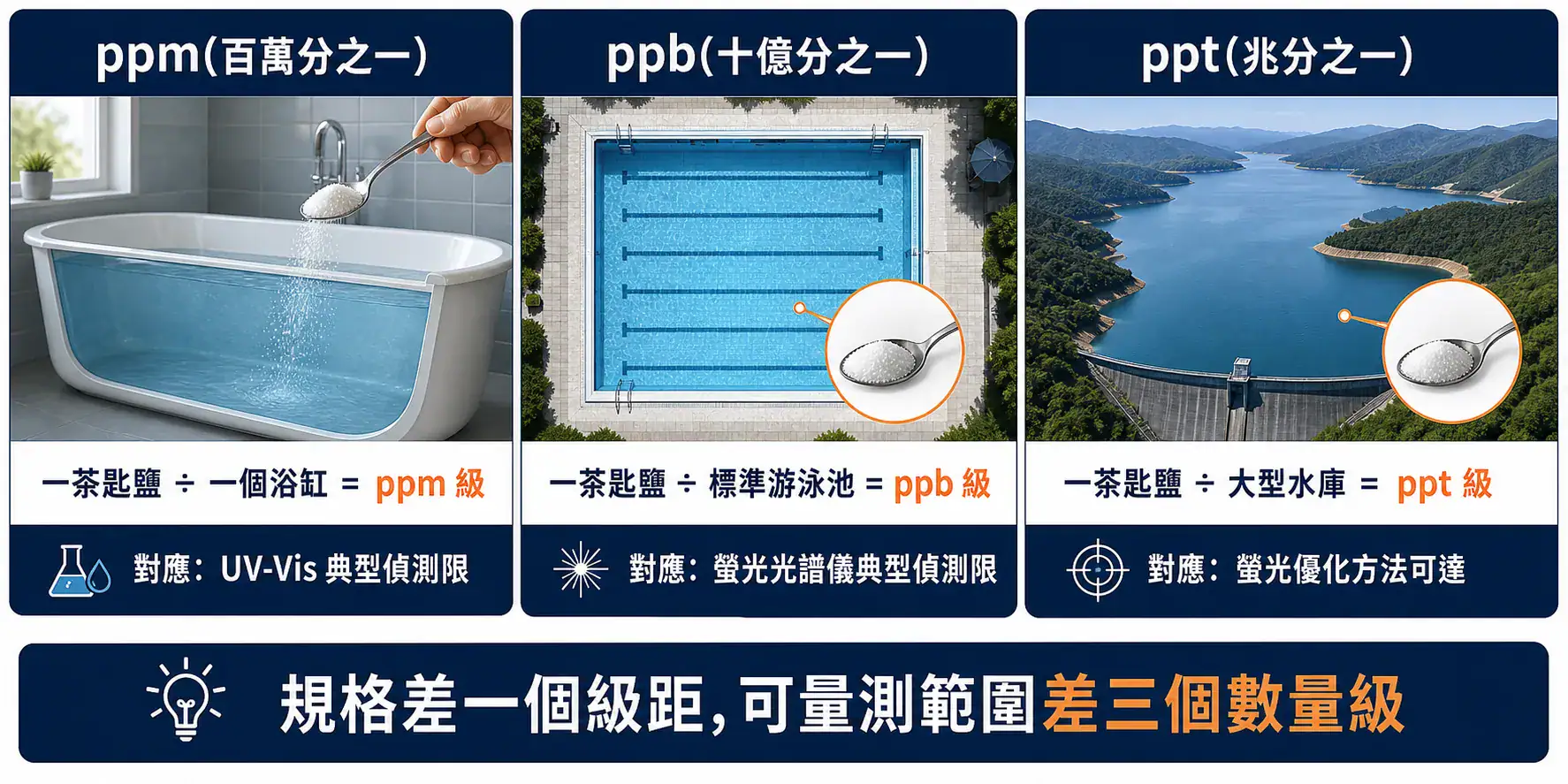 FTIR、UV-Vis、螢光光譜儀差異與選擇邏輯 ppm、ppb、ppt 三個光譜儀靈敏度級距的視覺類比,從浴缸到游泳池到水庫