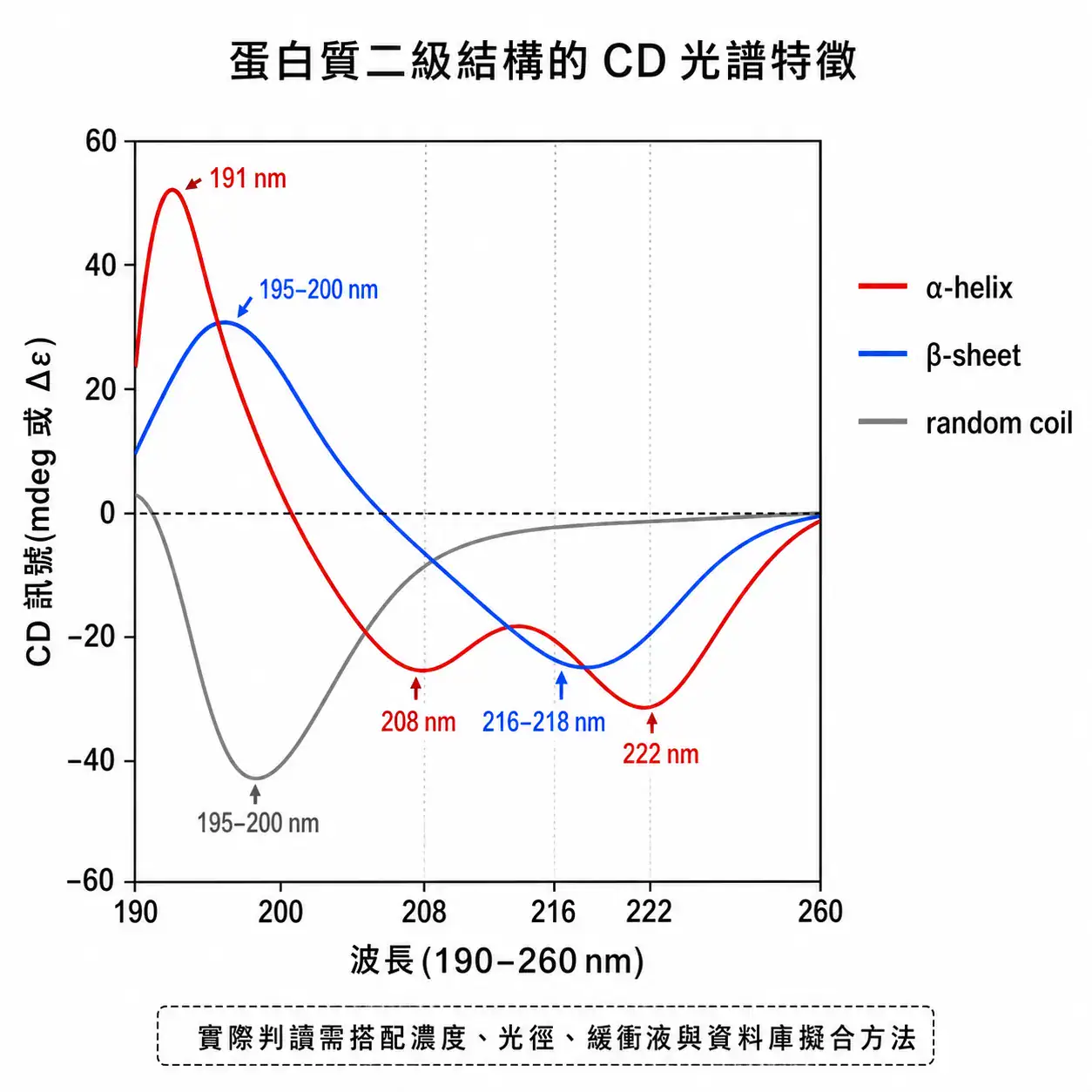 蛋白質二級結構 CD 光譜特徵峰示意圖,顯示 α-helix、β-sheet、random coil 在遠紫外區的特徵差異
