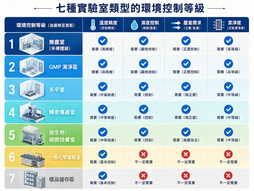 實驗室空調與環境控制指南 七種實驗室環境等級比較:從無塵室到樣品儲存區的溫濕度、壓差和潔淨度需求分級