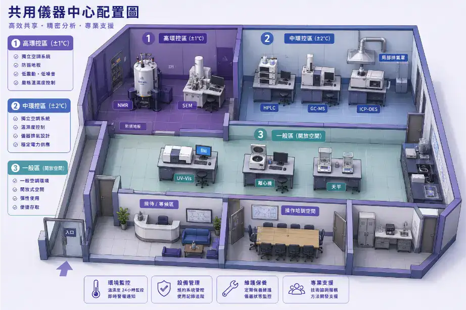 學術研究實驗室規劃指南 共用儀器中心配置示意圖:依環控需求分為高環控區、中環控區、一般區三級