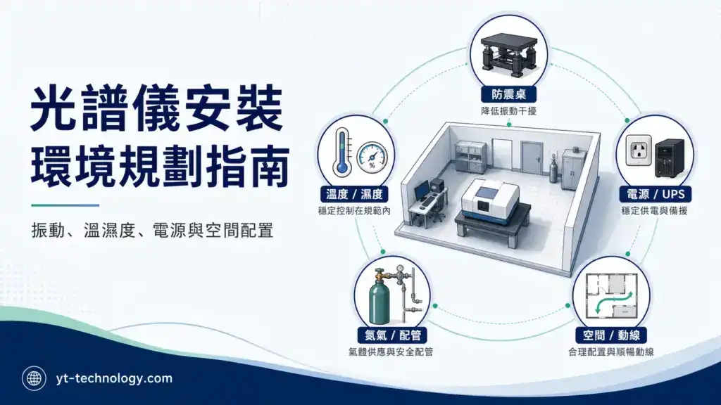實驗室光譜儀安裝環境規劃指南封面圖,顯示振動隔離、溫濕度控制、電源配置、氣體配管、空間規劃五大面向
