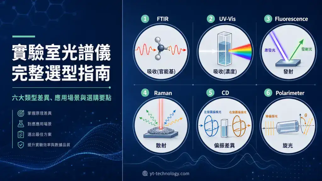 實驗室光譜儀選型指南封面圖,顯示 FTIR、UV-Vis、螢光、拉曼、CD、旋光儀六大類原理對照