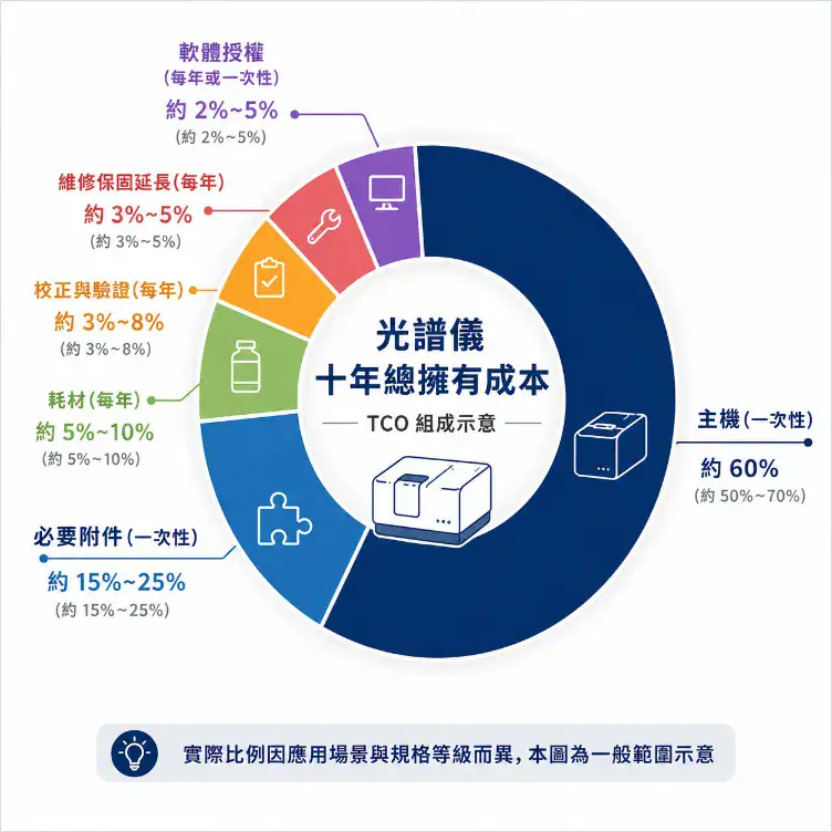 光譜儀十年總擁有成本(TCO)組成示意圖,涵蓋主機、附件、耗材、校正驗證、維修保固、軟體授權六大類