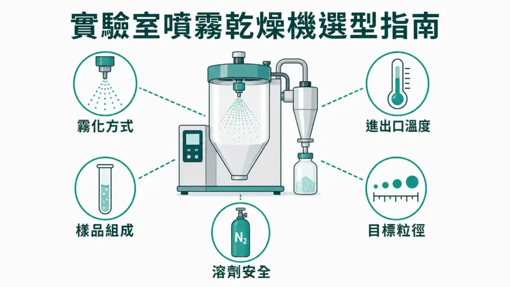 實驗室噴霧乾燥機選型五大決策軸線：霧化方式、進出口溫度、樣品組成、目標粒徑、溶劑安全