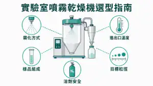 實驗室噴霧乾燥機選型五大決策軸線：霧化方式、進出口溫度、樣品組成、目標粒徑、溶劑安全