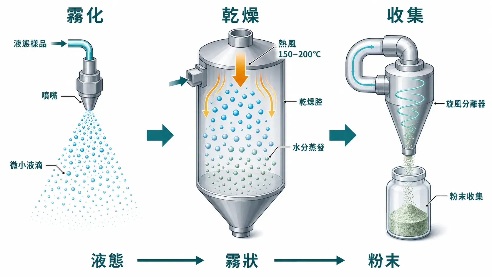 實驗室樣品濃縮與乾燥技術完整指南|從樣品特性到設備選型的決策邏輯 噴霧乾燥機三段流程示意圖:霧化、乾燥、旋風分離收集粉末