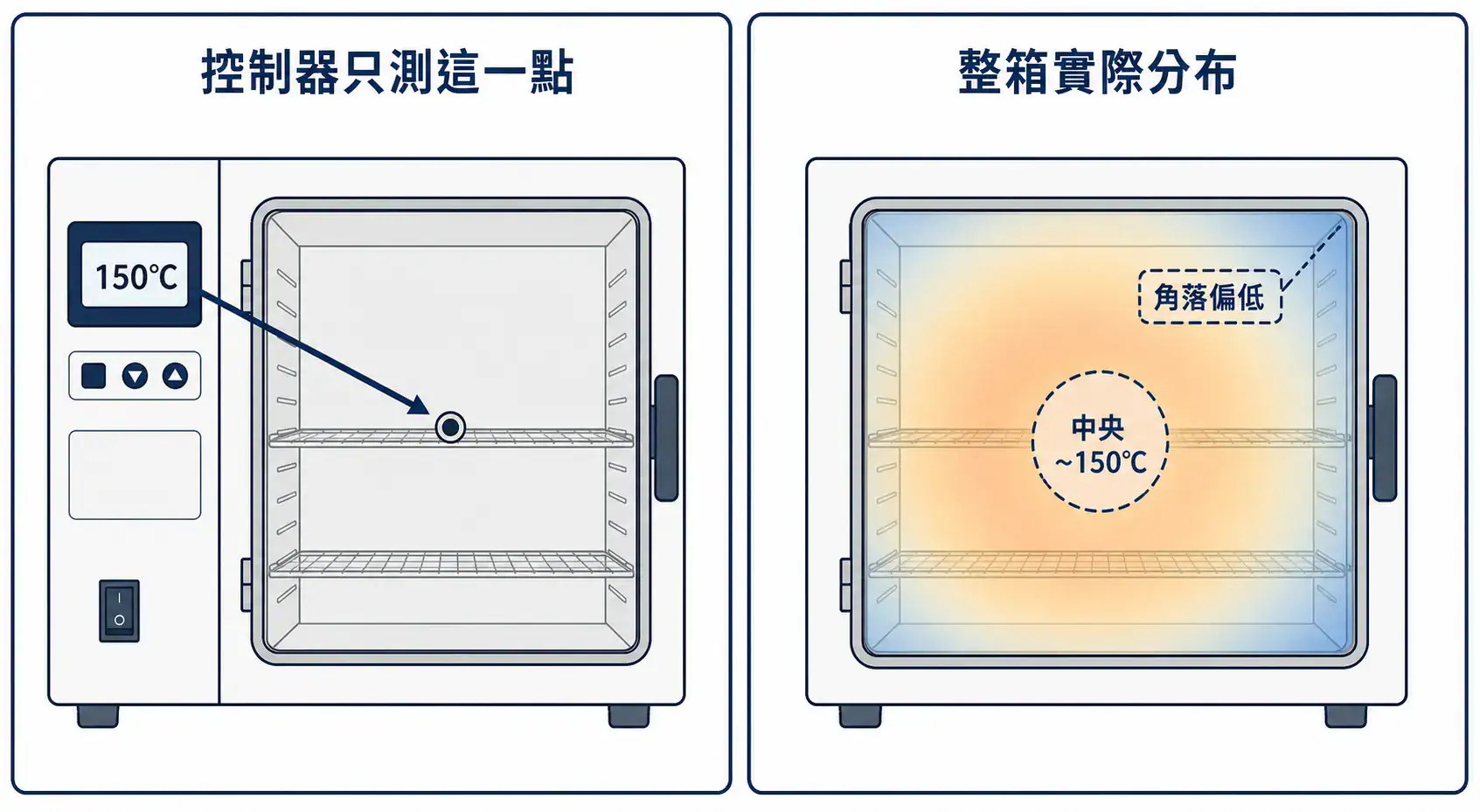 烘箱溫度均勻性與驗證 控制器顯示的是單點溫度,箱內各位置的實際溫度可能不同