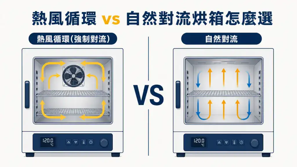 熱風循環烘箱與自然對流烘箱並排對比,差別在箱內有沒有風扇