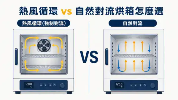 熱風循環烘箱與自然對流烘箱並排對比,差別在箱內有沒有風扇