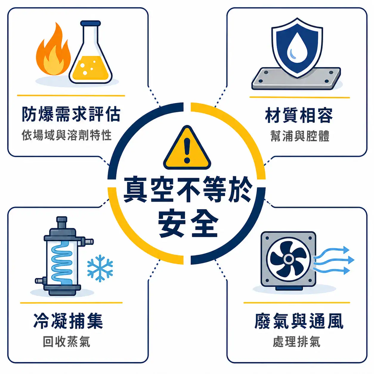 真空烘箱處理溶劑的安全配套:防爆、材質相容、冷凝捕集與廢氣通風
