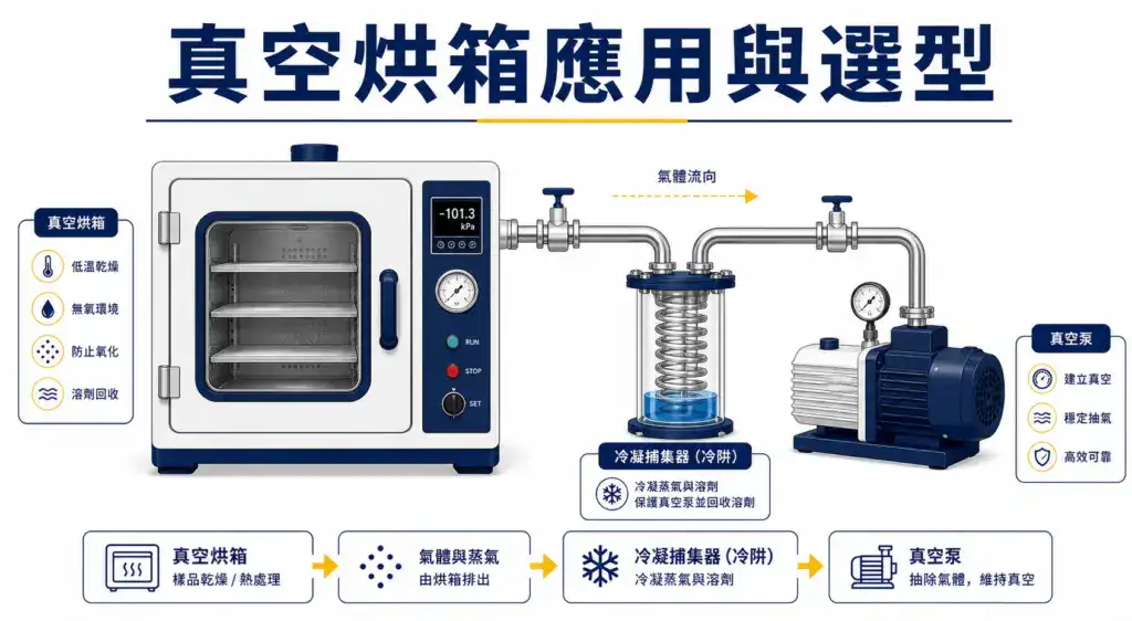 真空烘箱系統:烘箱本體搭配冷凝裝置與真空幫浦的整套配置