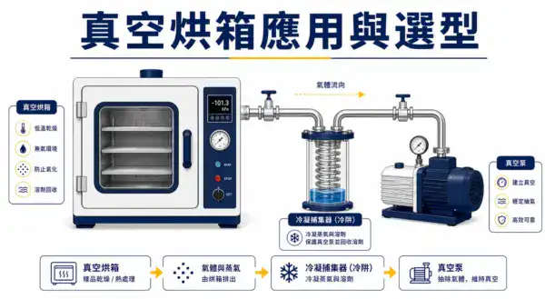 真空烘箱系統:烘箱本體搭配冷凝裝置與真空幫浦的整套配置