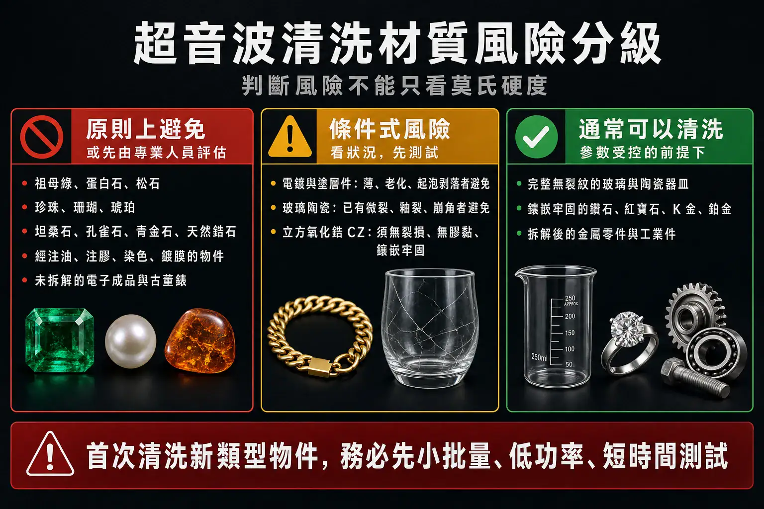 超音波清洗材質風險分級圖，分為原則上避免、條件式風險與通常可清洗三級，並提醒判斷不能只看莫氏硬度