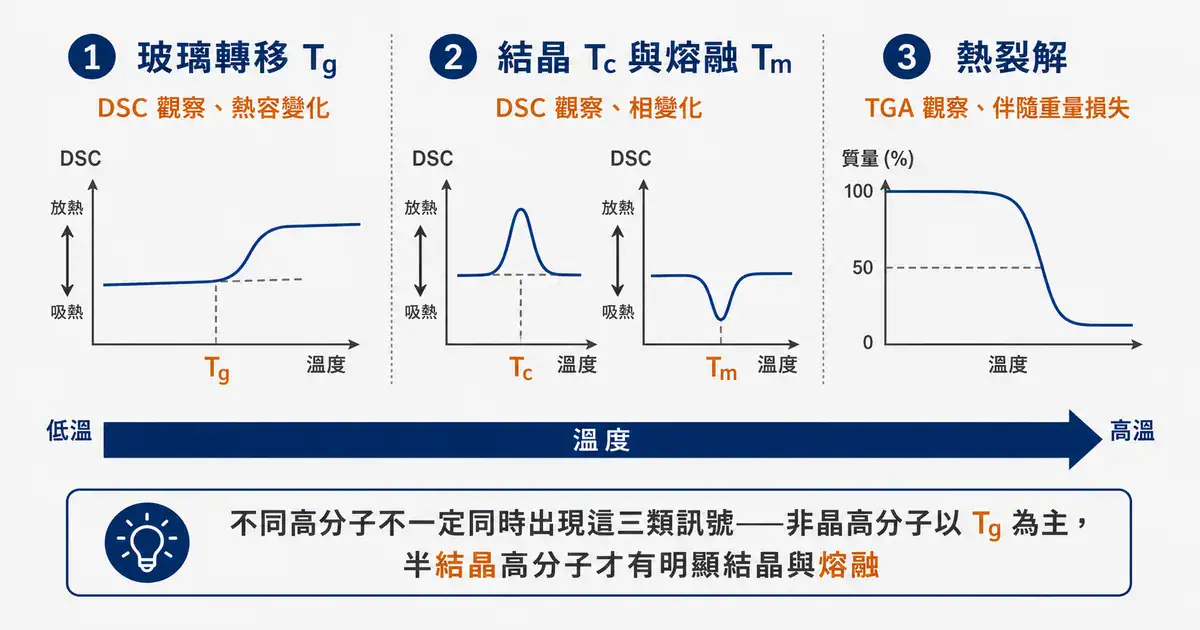 高分子的三大熱事件:玻璃轉移、結晶熔融、熱裂解 高分子三大熱事件總覽圖:玻璃轉移、結晶熔融、熱裂解在溫度軸上的位置與對應技術