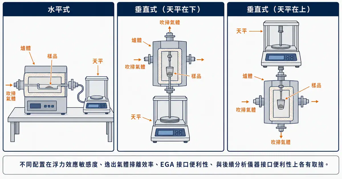 TGA 爐體配置:水平式與垂直式的取捨 TGA 爐體配置對比圖:水平式與垂直式爐體中天平與爐體的相對位置