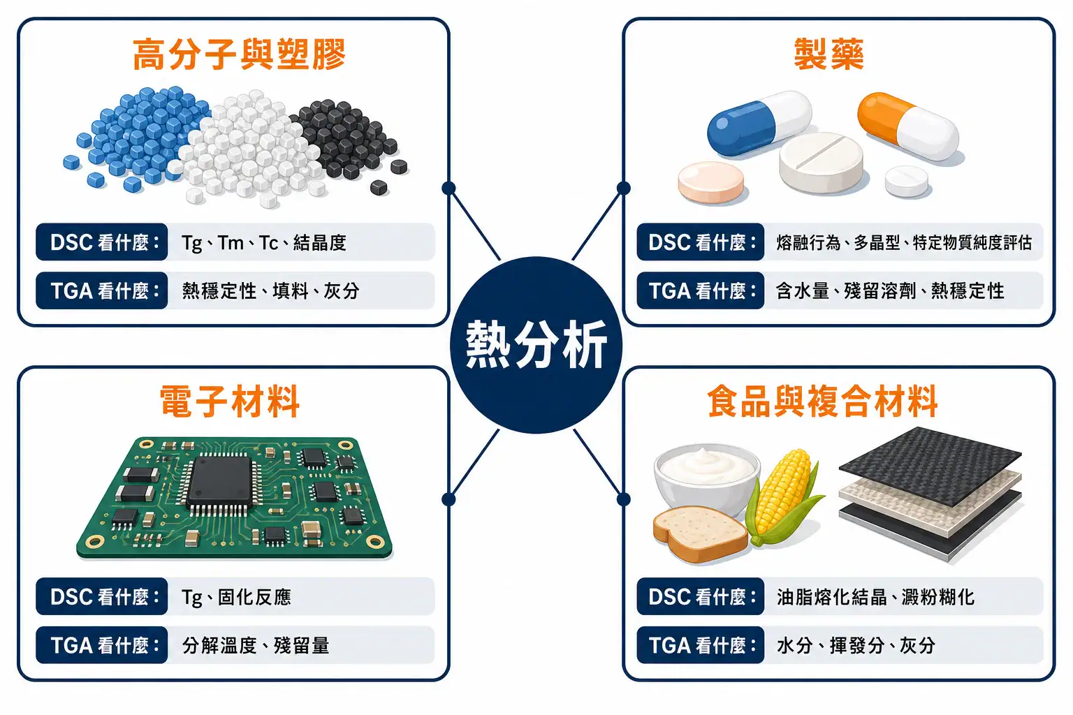 實驗室熱分析儀器完整指南|DSC、TGA、STA 與材料熱性質分析的選型邏輯 熱分析儀器產業應用場景圖:高分子塑膠、製藥、電子材料、食品與複合材料四大領域