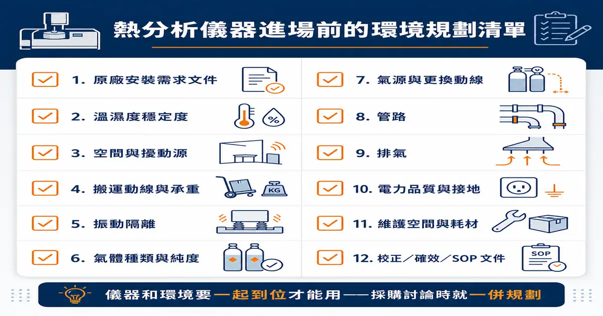 熱分析儀器進場前環境規劃清單圖：溫濕度、振動、氣體、排氣、電力、校正確效等規劃項目