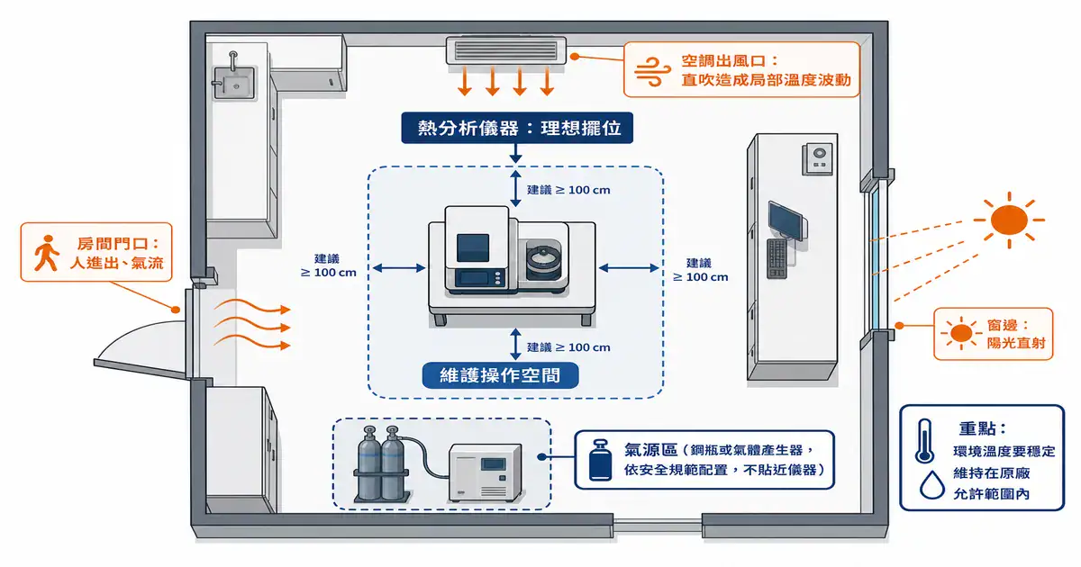 熱分析儀器房溫濕度與空間配置示意圖：擺位遠離門口、出風口、陽光，預留維護與鋼瓶空間