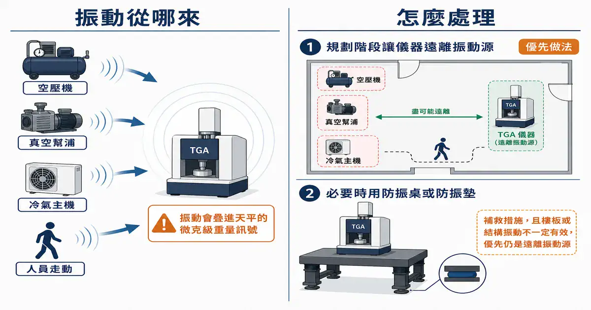 振動干擾與隔離示意圖：空壓機、幫浦等振動源如何干擾天平，以及遠離與防振的處理