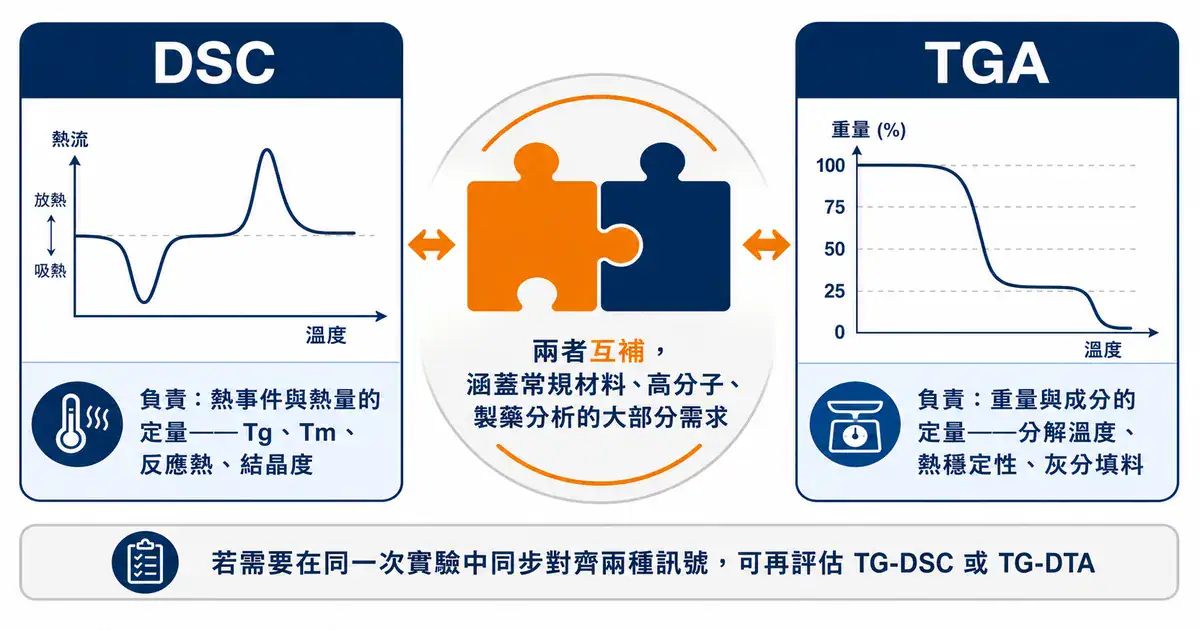 為什麼多數實驗室是 DSC 加 TGA DSC 與 TGA 互補概念圖:DSC 負責熱量定量、TGA 負責重量定量,兩者搭配涵蓋常規需求