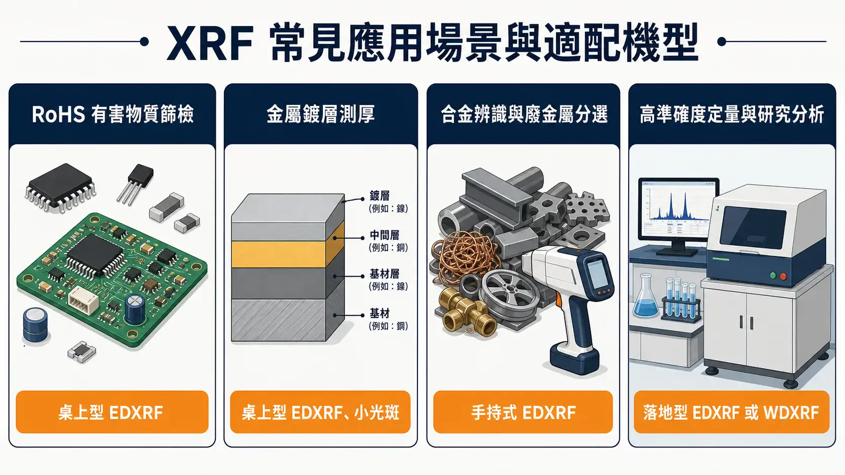 XRF 螢光光譜儀完整指南:手持式、桌上型與波長分散型怎麼選 XRF 應用場景對照圖,呈現 RoHS 篩檢、鍍層測厚、合金分選、研究定量四個場景各自適配的 XRF 機型